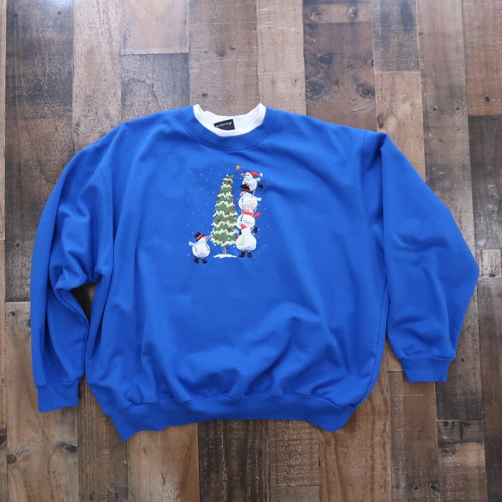 Womans 2XL Blue Christmas Sweatshirt Snowman Bling Trillogy by Morning Sun